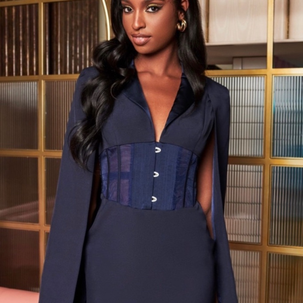 💙Navy Blue💙 Corset, Satin, Cape Dress